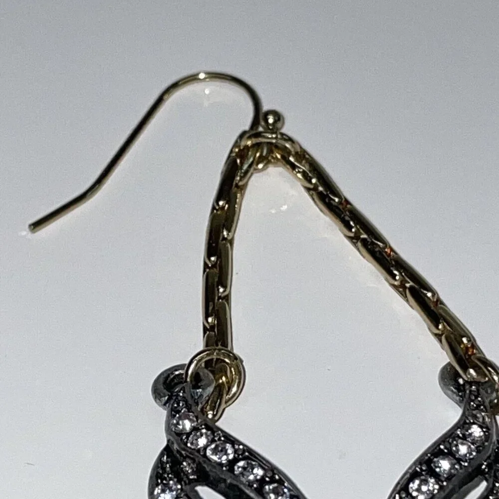 Feather Earrings Silver & Gold Tone Crystal Long Drop Statement Signed ls A246‎